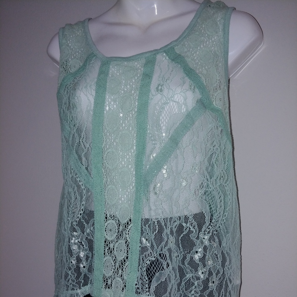 Mint Textured Sheer Hi Low Sleeveless Shirt